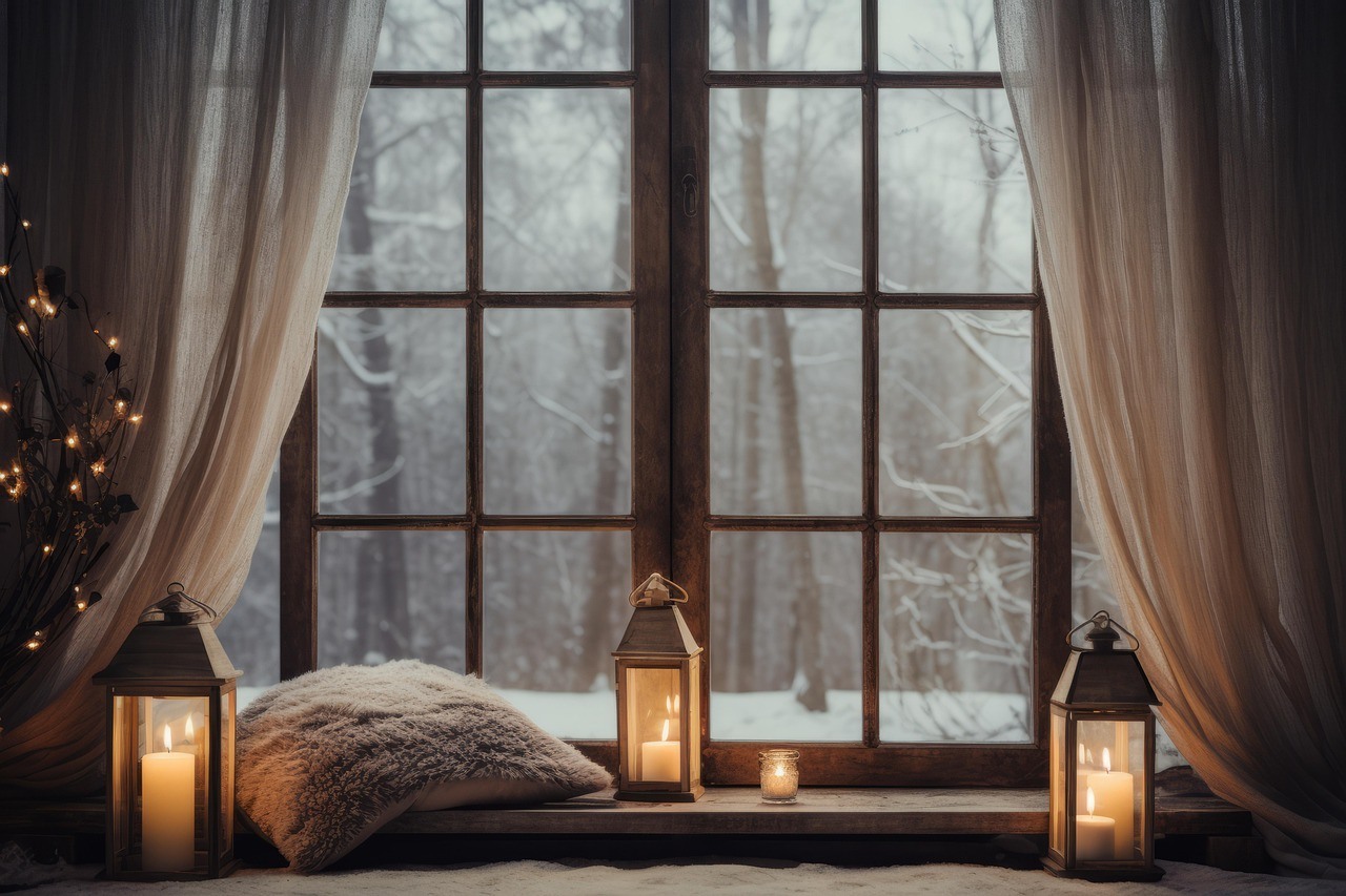 A broad wooden window overlooks a snowy forest, framed by pale curtains, cushions and several glowing lanterns.