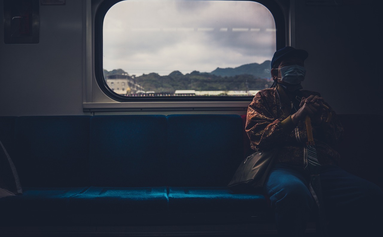 A seated passenger appears in shadow beside a large rounded train window showing water, distant buildings and low mountains.